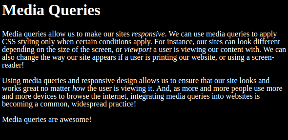 the media queries practice website with a black background and white text